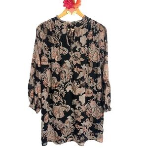 LOFT petites dress black paisley tie neck long sleeve pleated yoke shift size SP